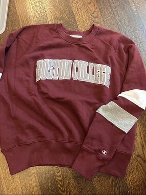 Boston College Champion Crewneck Sweatshirt with White and Gray Sleeve Stripes
